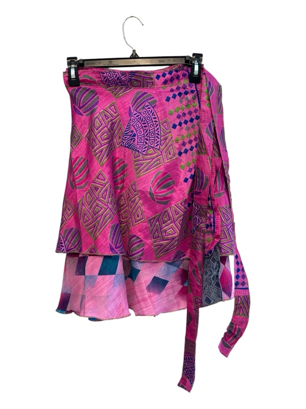NWT Late Y2K Era India Boutique Bright Pink Geometric High-Low Wrap Skirt OS